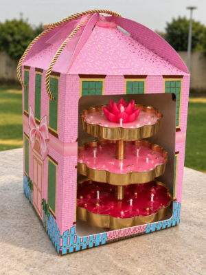 Three Tier Urli Candle Hut Gift Box | Pink | 7x7x8