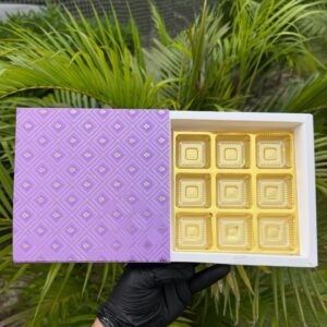 9-Piece Chocolate Box with Lavender Geometric Lattice Sleeve & Golden Cavity Tray   Color: Soft Purple & Lavender Geometric Lattice Pattern with Metallic Gold Inner Tray