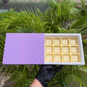 12-Piece Chocolate Box with Lavender Geometric Lattice Sleeve & Golden Cavity Tray   Color: Soft Purple & Lavender Geometric Lattice Pattern with Metallic Gold Inner Tray
