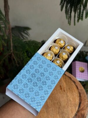 6-Piece Chocolate Box with Ocean Blue Floral Tile Patterned Sleeve   Color: Sky Blue & Ocean Blue Floral Tile Pattern