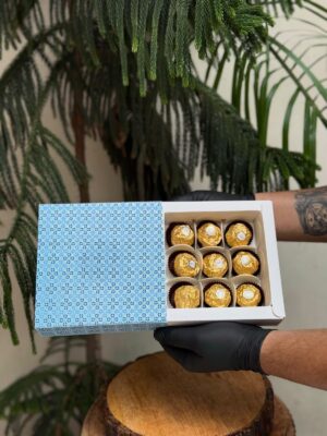 9-Piece Chocolate Box with Ocean Blue Floral Tile Patterned Sleeve   Color: Sky Blue & Ocean Blue Floral Tile Pattern