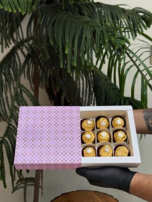9-Piece Chocolate Box with Lilac & Purple Floral Geometric Sleeve   Color: Soft Pink & Deep Purple Geometric Floral Pattern