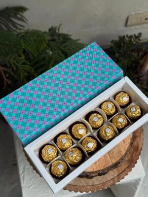 12-Piece Chocolate Box with Teal & Purple Geometric Quatrefoil Sleeve   Color: Teal Blue & Purple Geometric Quatrefoil Pattern