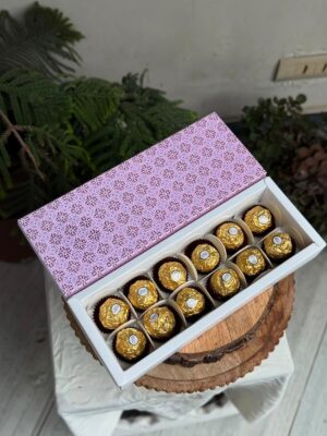 12-Piece Chocolate Box with Lilac & Purple Floral Geometric Sleeve   Color: Soft Lilac & Deep Purple Geometric Floral Pattern