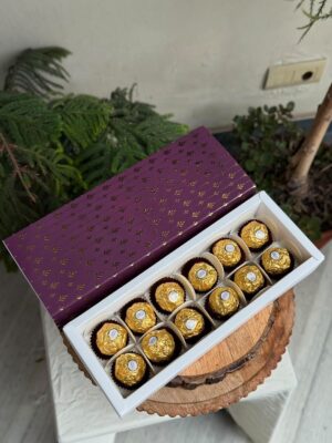 12-Piece Chocolate Box with Royal Purple Golden Foil Leaf Pattern Sleeve  Color:  Royal Purple with Metallic Golden Foil