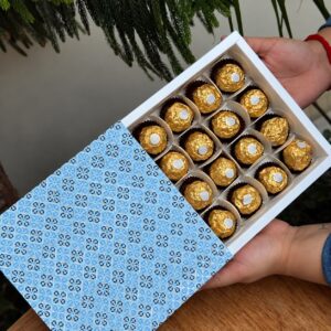 16-Piece Chocolate Box with Ocean Blue Floral Tile Patterned Sleeve   Color: Sky Blue & Ocean Blue Floral Tile Pattern