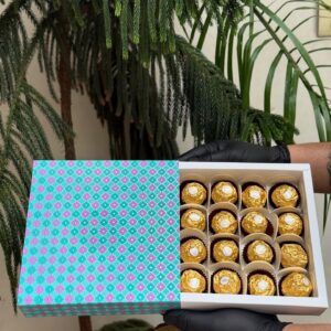 16-Piece Chocolate Box with Teal & Purple Geometric Quatrefoil Sleeve   Color: Teal Blue & Purple Geometric Quatrefoil Pattern